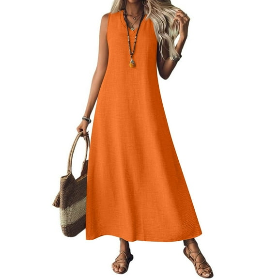 Tianiyouqing Linen Party Formal Dresses for Women V Neck Zip Up Comfortable Wedding Guest Sundresses Flowy Sleeveless Smocked Cocktail Tank Dresses Orange S