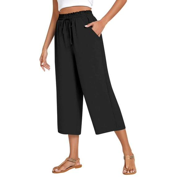 Tianiyouqing Linen Pull on Capri Pants for Women Lightweight High Waist Drawstring Stretch Cropped Pants Elastic Comfy Work Gauchos Pants with Pockets Black XL