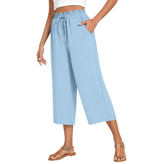 Tianiyouqing Linen Wide Leg Capri Pants for Women Comfy Elastic Wide Leg Lightweight Cropped Pants High Waist Drawstring Stretch Yoga Gauze Pants with Pockets Sky Blue XXL