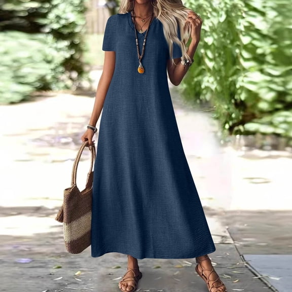 Tianiyouqing Linen Women's Cover Up Dresses for Maxi Flowy Short Sleeve Plus Size Business Sundresses V Neck Zipper Back Going Out Vacation Beach Dresses Navy L