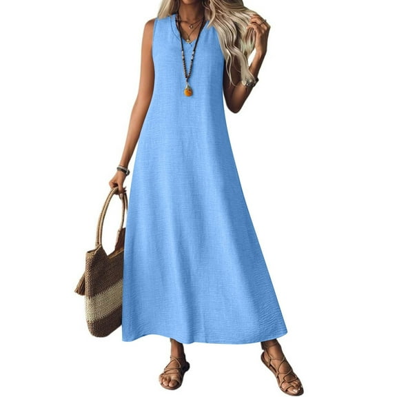 Tianiyouqing Linen Zipper Up Pleated Dresses for Women Sleeveless Flowy Boho Party Beach Dresses V Neck Loose Office Sundresses Blue XXL