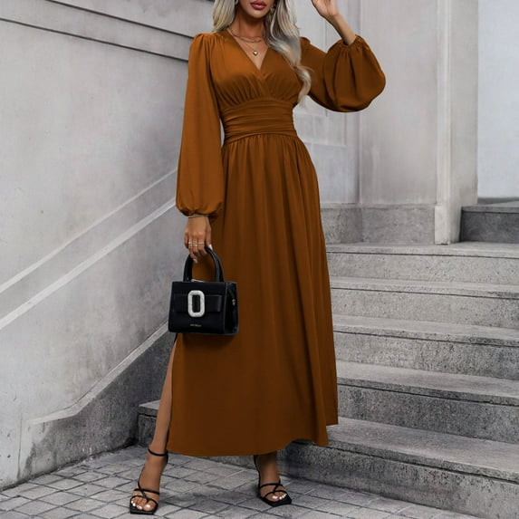 Tianiyouqing Long Sleeve Bridesmaid Dresses for Women Long Pleated Empire Waist Formal Evening Dresses with Slit Brown M