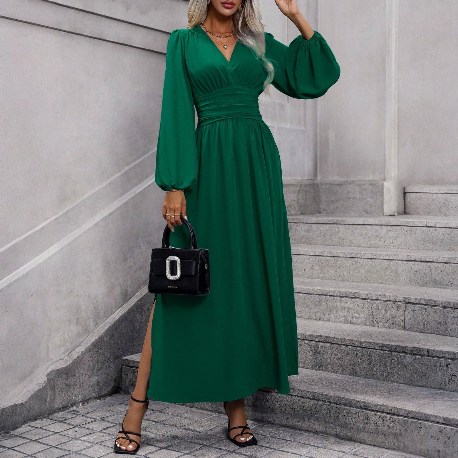 BANTRATIC Long Sleeve Bridesmaid Dress – V Neck, A-Line, High Slit, Pleated Chiffon Formal Gown