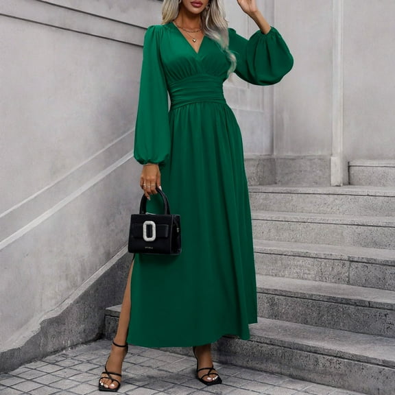 Tianiyouqing Long Sleeve Bridesmaid Dresses for Women Long Pleated Empire Waist Formal Evening Dresses with Slit Green XXL
