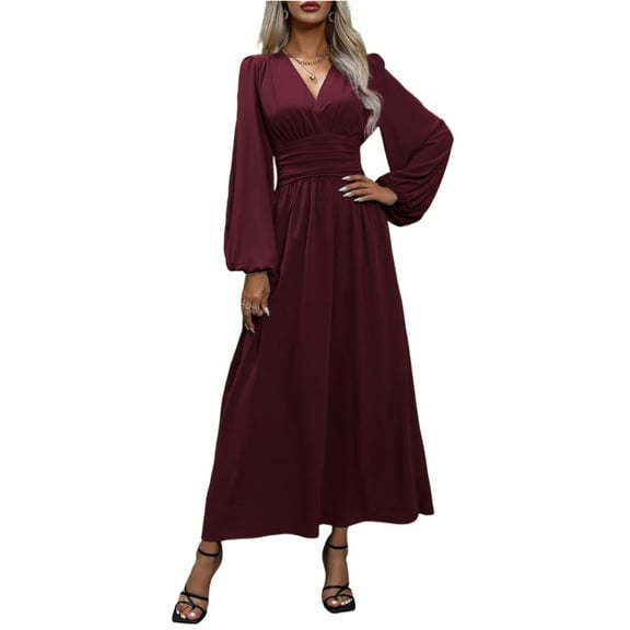 Tianiyouqing Long Sleeve Bridesmaid Dresses with Slit Long Pleated V Neck Formal Evening Gown for Women Dark Purple S