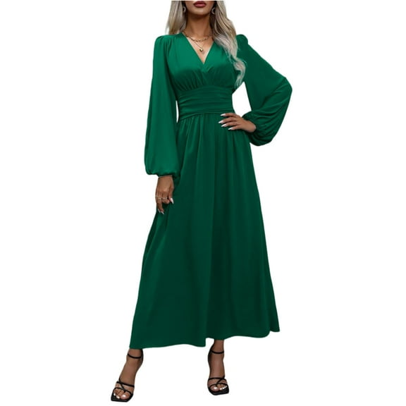 Tianiyouqing Long Sleeve Bridesmaid Dresses with Slit Long Pleated V Neck Formal Evening Gown for Women Green L