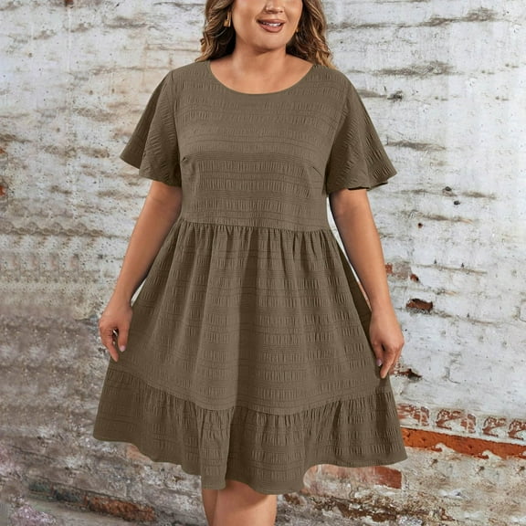 Tianiyouqing Loose Dresses for Curvy Women Formal Oversized Short Sleeve Cotton Linen Western T Shirts Dresses Plus Size Crew Neck Ruffle Tiered Layered Cute Pleated Dresses Brown 3XL