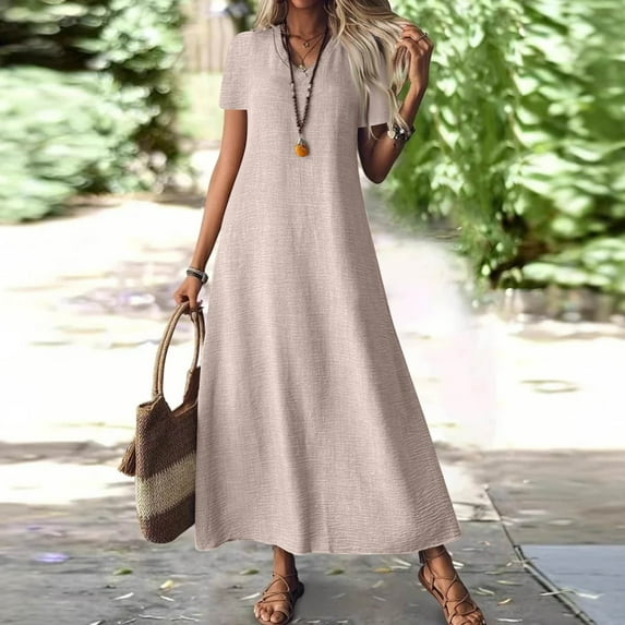 Tianiyouqing Maxi Dress Women Linen Long Short Sleeve V Neck Comfortable Wedding Guest Gauze Dresses Zipper Up Flowy Plus Size Maternity Sundresses Beige L