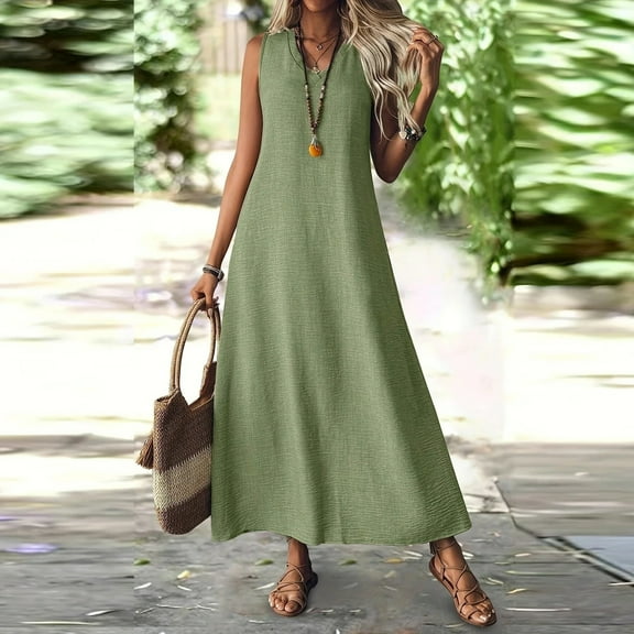 Tianiyouqing Maxi Linen Dresses for Women V Neck Sleeveless Dressy Wedding Guest Tank Dresses Flowy Zip Up Palazzo Vacation A Line Dresses Green XXL