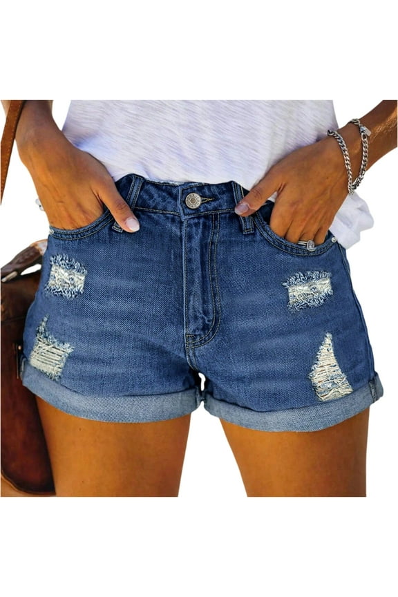 Mid Length Jean Shorts for Women Mid Rise Distressed Roll Hem Elastic Waist Mid Thigh Jorts Tummy Control Ripped Wide Leg Summer Denim Shorts Dark Blue L