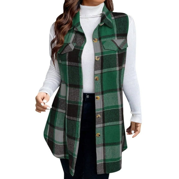 Tianiyouqing Plaid Vest for Women 2024 Trendy Casual Sleeveless Flannel Shirt Jacket Loose Lapel Button Down Coat with Pockets Green M
