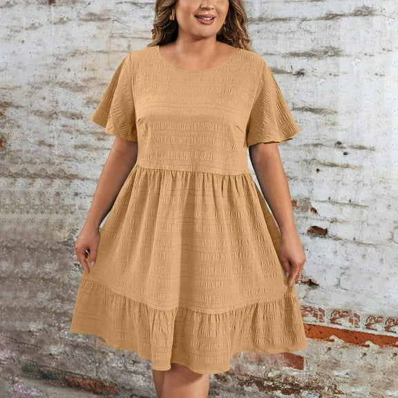 Tianiyouqing Pleated Dresses for Women Summer Midi Plus Size Cotton Linen Crew Neck Modest Pleated Dresses Oversized Ruffle Tiered Layered Short Sleeve A-Line Beach Dresses Khaki 4XL