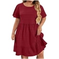 thumbnail image 1 of Tianiyouqing Short Sleeve Dresses for Women Flowy Oversized Short Sleeve Ruffle Tiered Layered Pleated Pleated Dresses Plus Size Cotton Linen Evening Midi Dresses Wine 5XL, 1 of 7