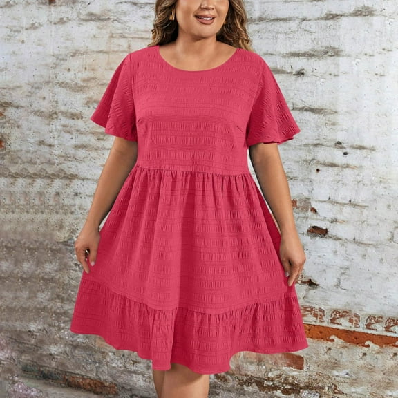 Tianiyouqing Short Sundresses for Women Plus Size Oversized Cotton Linen Modest Pleated Dresses Ruffle Tiered Layered Short Sleeve Boho Midi Dresses Hot Pink 2XL