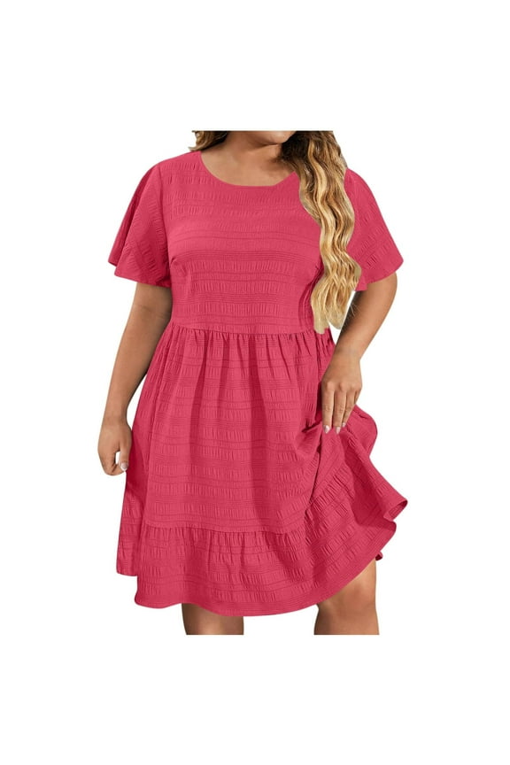 Smock Dresses for Women Lightweight Western Oversized Ruffle Tiered Layered Short Sleeve Pleated Midi Dresses Plus Size Cotton Linen Crew Neck Business T Shirts Dresses Hot Pink 5XL