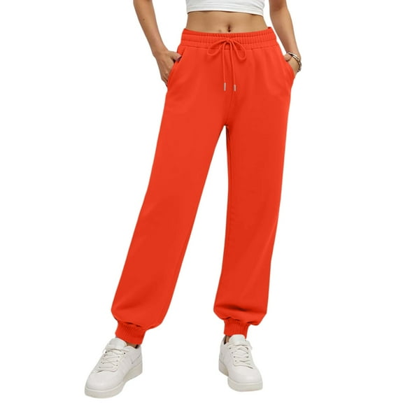 Tianiyouqing Sweat Pants for Womens Relaxed-Fit Cinch Bottom Drawstring High Waisted Palazzo Jogging Trousers Fall Stretchy Waist Fleece Lined Cargo Baggy Pants Orange XL