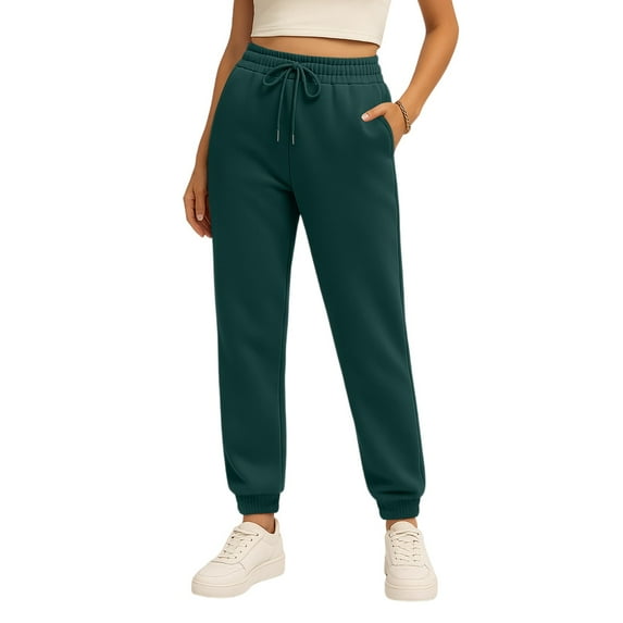Tianiyouqing Sweatpants for Women with Pockets Fleece Lined Elastic Waist Cinch Bottom Hiking Jogging Sweatpants Summer Drawstring High Waisted Pull on Long Pants Green M
