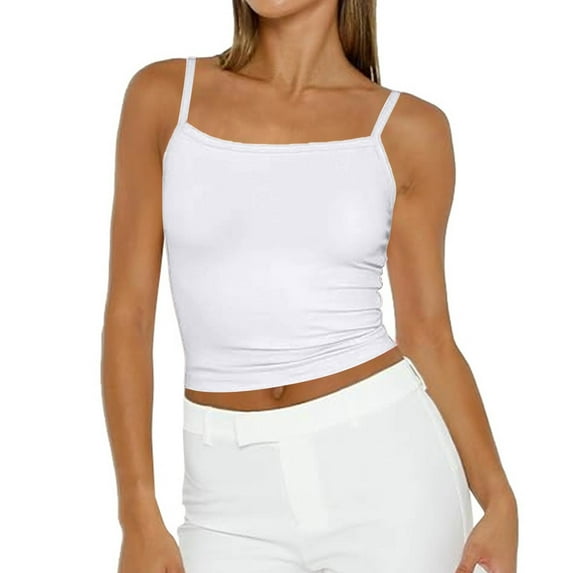 Tianiyouqing Tank Tops Women Cute Undershirts Plain Camisole Tops Adjustable Spaghetti Strap Racerback Basic Square Neck Double Lined Layered Sleeveless White M