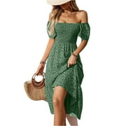 TIANIYOUQING Western Dresses for Women Vacation Tiered Square Neck Floral Smocked Fall Swing Sundress Flutter Sleeve Backless Ruffle Wedding Guest Maxi Dresses Army Green M