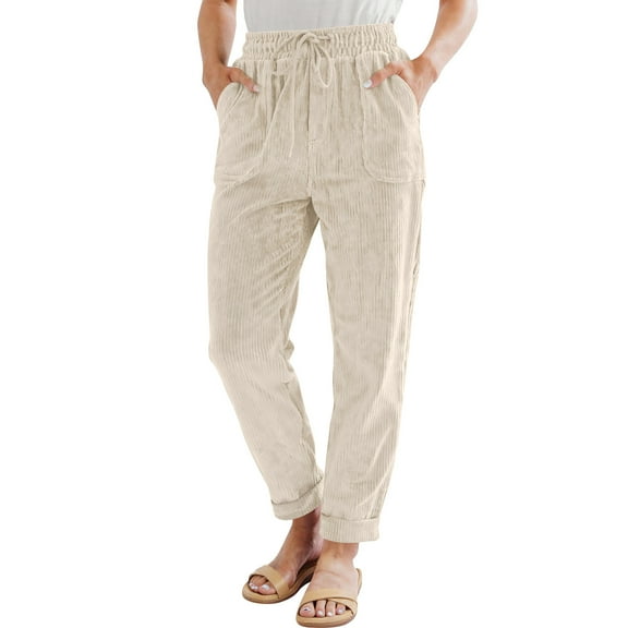 Tianiyouqing Corduroy Pants For Women Casual Drawstring Elastic High Waist Straight Leg Pants Loose Comfy Trousers With Pockets Beige XL