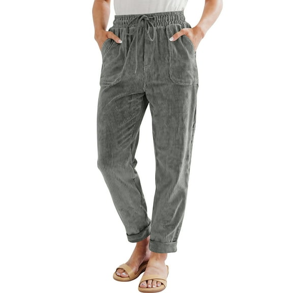 Tianiyouqing Women Corduroy Pants Casual Fall Pants Drawstring High Waisted Straight Leg Pants for Women Stretchy Work Trousers with Pockets Gray XXL