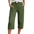 thumbnail image 1 of Tianiyouqing Women Drawstring Capri Pants Linen Petite Length High Waisted Elastic Waist Comfy Straight Leg Pants Wide Leg Plus Size Gauze Pants with Pockets Army Green M, 1 of 8