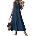 thumbnail image 1 of Tianiyouqing Women Linen 2025 Pleated Flowy Dresses Zipper Up Sleeveless V Neck Loose Holiday Tshirt Dresses Comfortable Office Midi Dresses Navy XL, 1 of 7