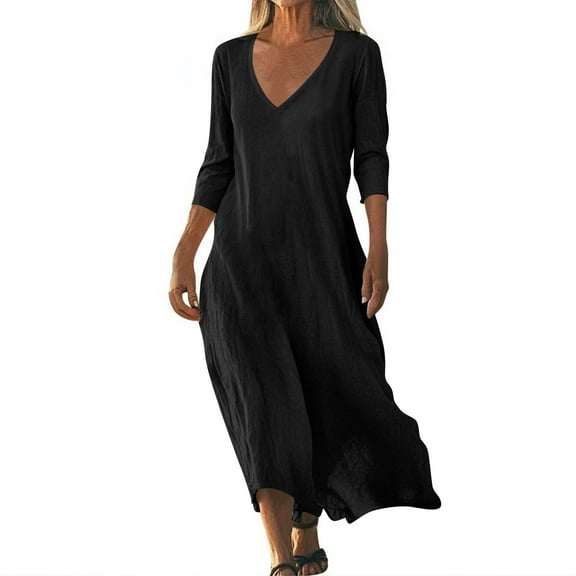 Tianiyouqing Women Linen Beach Dress V Neck Elbow Length Wedding Guest Going Out Swing Dresses Half Sleeve Party Flowy T-Shirt Sundresses Black L