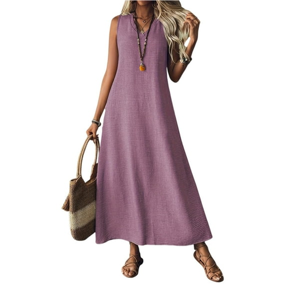 Tianiyouqing Women Linen Cotton Dresses Sleeveless Zip Up V Neck Fall Office Tank Dresses Flowy Loose Vacation Shift Dresses Purple L