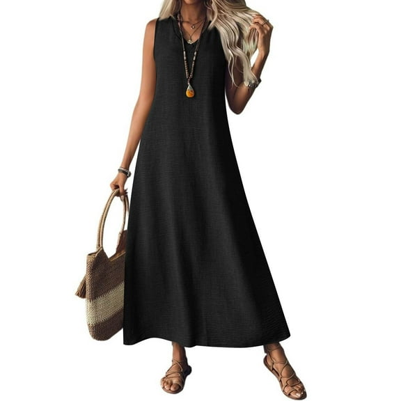 Tianiyouqing Women Linen Flowy Bohemian Dresses V Neck Zip Up Going Out Cocktail Tank Dresses Sleeveless Boho Hiking A Line Dresses Black S