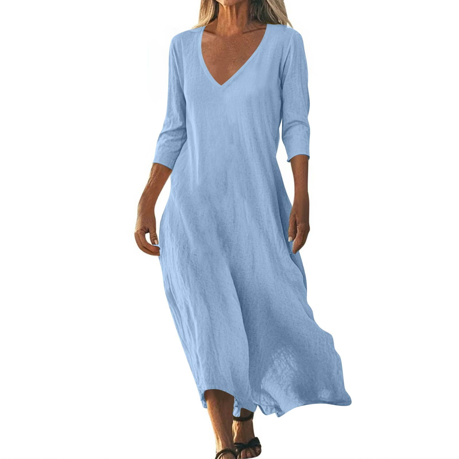 Tianiyouqing Women Linen Long Pleated Dresses Elbow Length Half Sleeve Party Palazzo A-Line Dresses V Neck Cocktail Smocked Maxi Dresses Blue XL,