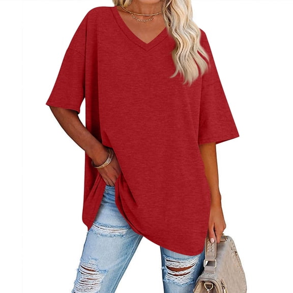 Tianiyouqing Women Long Tshirt Drop Shoulder Basic V Neck Trendy Yoga Loose Fit T-Shirt Elbow Length Short Sleeve Y2k Business Oversized Tunics Red 2XL