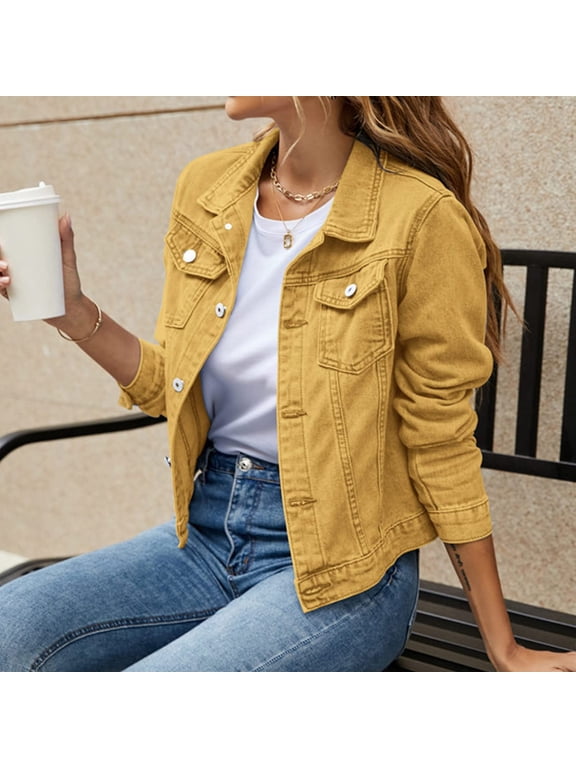Women Relaxed Fit Denim Jacket Button UP Lightweight Long Sleeve Ladies Stretch Trucker Jean Jackets Earthy Yellow S