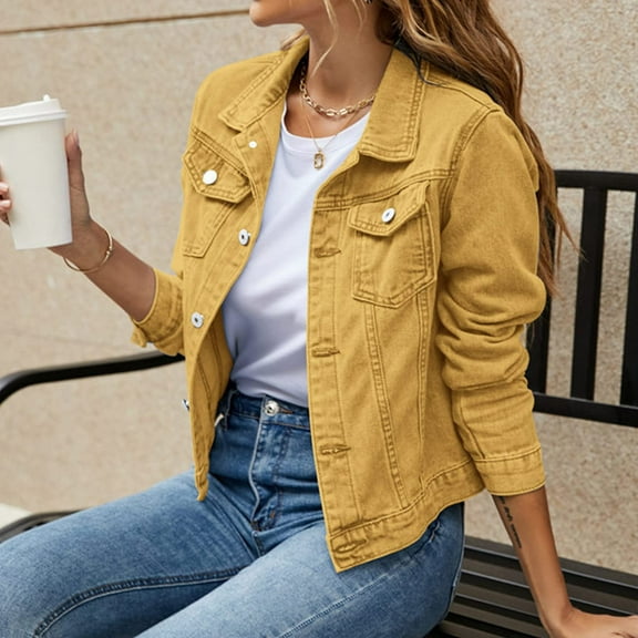Tianiyouqing Women Relaxed Fit Denim Jacket Button UP Lightweight Long Sleeve Ladies Stretch Trucker Jean Jackets Earthy Yellow XL