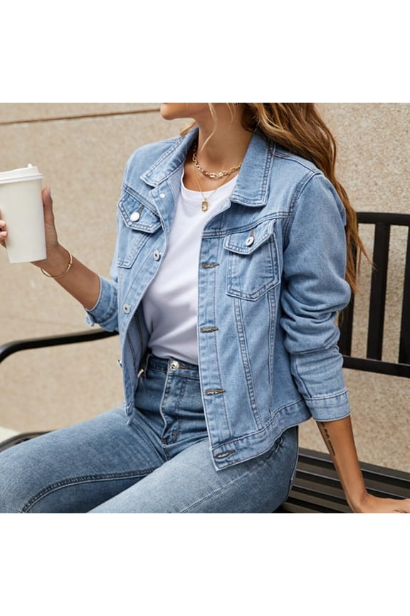 Women Relaxed Fit Denim Jacket Button UP Lightweight Long Sleeve Ladies Stretch Trucker Jean Jackets Light Blue L