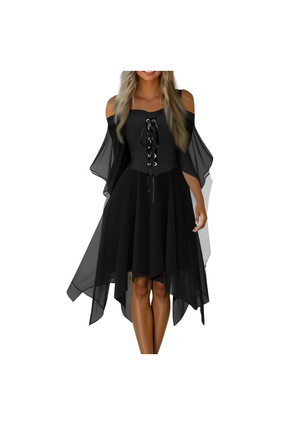 Women Witch Dress Renaissance Medieval Vampire Clothes Halloween Cosplay Butterfly Sleeve Mesh Gothic Dress Black XL