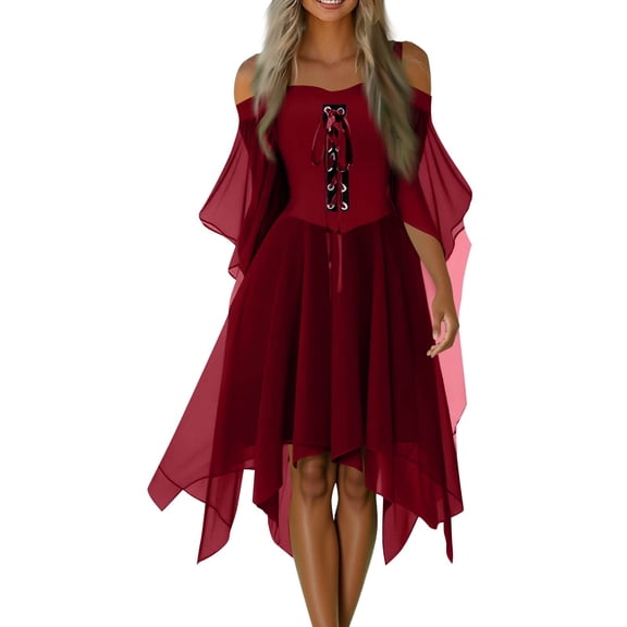 Tianiyouqing Women Witch Dress Renaissance Medieval Vampire Clothes Halloween Cosplay Butterfly Sleeve Mesh Gothic Dress Deep Red L