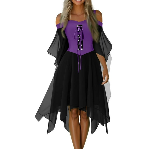 Tianiyouqing Women Witch Dress Renaissance Medieval Vampire Clothes Halloween Cosplay Butterfly Sleeve Mesh Gothic Dress Purple S
