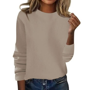 Tianiyouqing Women's 100% Merino Wool 2024 Fall Winter First-Line Ready to Wear Long Sleeve Seamless Knit Mock Neck Sweater Khaki M