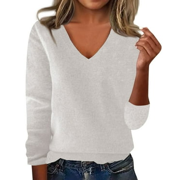 Tianiyouqing Women's 100% Merino Wool 2024 Fall Winter First-Line Ready to Wear Long Sleeve Seamless Knit V-Neck Sweater Beige XXL