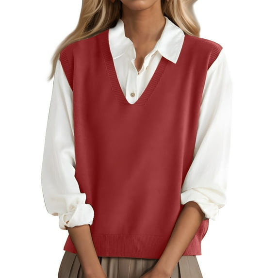 Tianiyouqing 100% Merino Wool Sweater Vest for Women V Neck Sleeveless Basic Pullover Sweater Red S