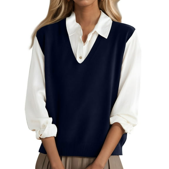 Tianiyouqing 100% Merino Wool Sweater Vest for Women V Neck Sleeveless Basic Pullover Sweater Navy L