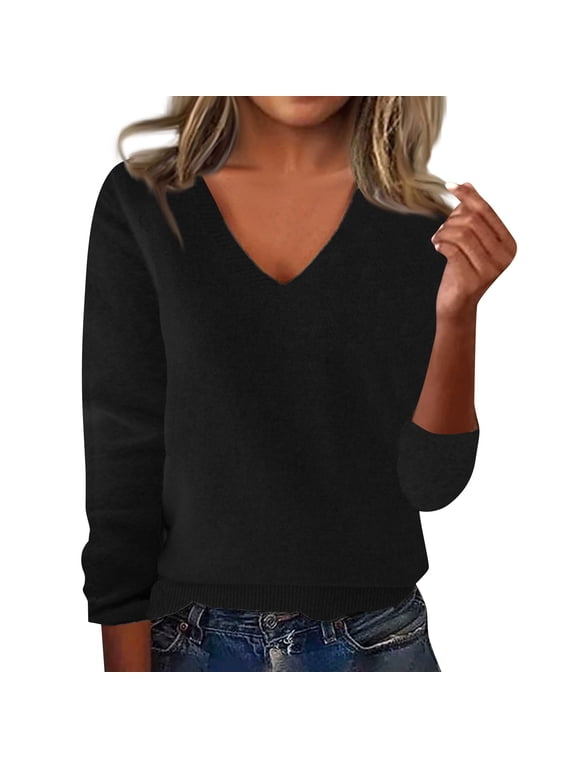 Women's 100% Pure Merino Wool Long Sleeve V-Neck Sweater - Soft, Warm, and Stylish Winter Knit Pullover Black L