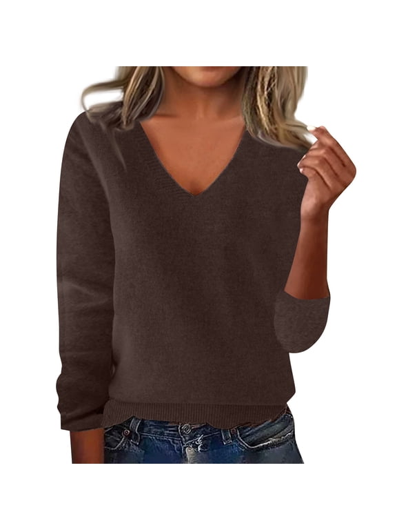 Women's 100% Pure Merino Wool Long Sleeve V-Neck Sweater - Soft, Warm, and Stylish Winter Knit Pullover Coffee L