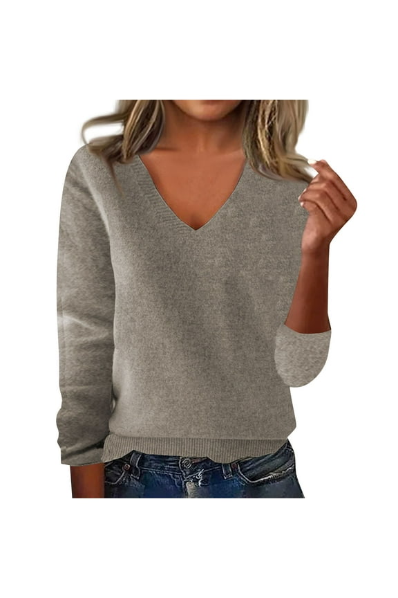 Women's Long Sleeve V-Neck Sweater - Soft, Warm, and Stylish Winter Knit Pullover Light Brown XL