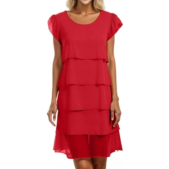 Tianiyouqing Chiffon Dress for Flowy Women Knee Length Crew Neck Tiered Layered Business Sundress Dresses Short Sleeve Tulle Fall Maxi Dresses Red S