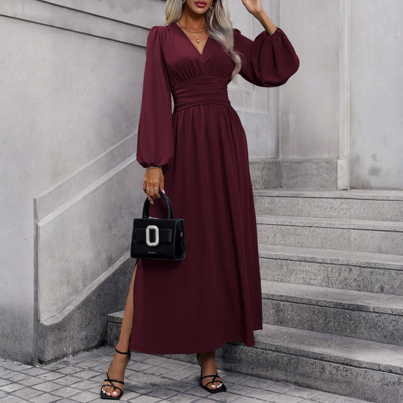 Tianiyouqing Women's Formal Dresses Long Sleeve V Neck Empire Waist A Line Beading Floor Length Wedding Guest Dress Dark Purple XXL, Size: 2XL, Red Tianiyouqing Women's Formal Dresses Long Sleeve V Neck Empire Waist A Line Beading Floor Length Wedding Guest Dress Dark Purple XXL, Size: 2XL, Red