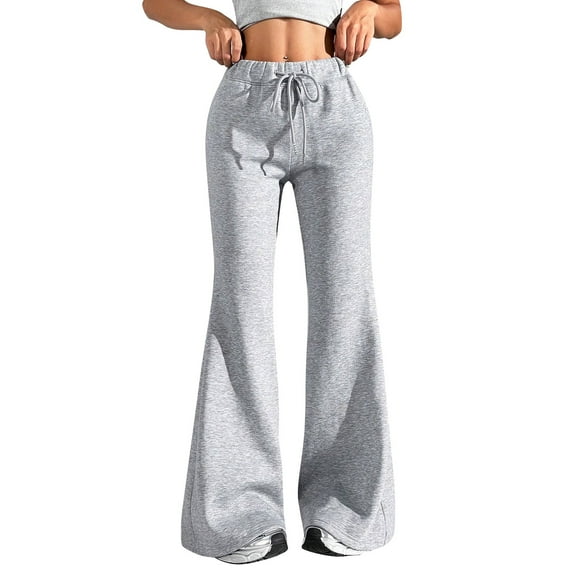 Tianiyouqing Women's High Rise Flared Comfy Pants Elastic Waist Low Rise Fleece Lined Oversized Jogger Sweatpants Bell Bottom Wide Leg Drawstring Lounge Gym Pants with Pockets Gray M