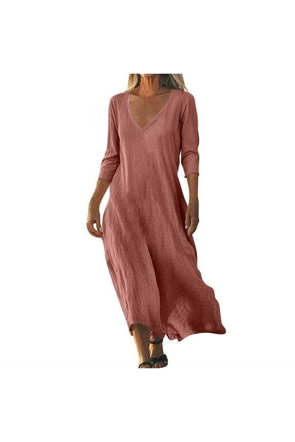 Women's Linen Bohemian Maxi Dresses V Neck Elbow Length Travel Elegant Swing Sundresses Half Sleeve Cocktail Flowy T-Shirt Dresses Pink S