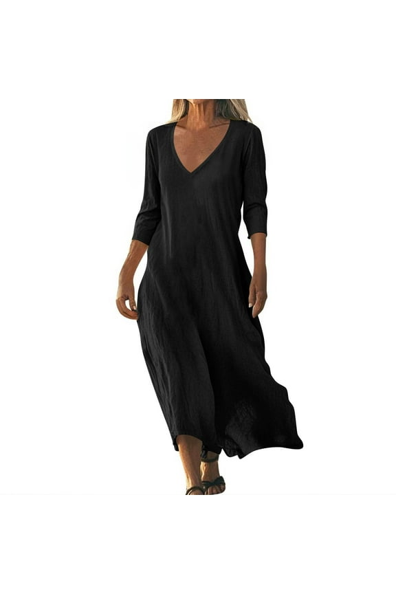 Women's Linen Dress Half Sleeve Elbow Length Wedding Guest Vintage Tshirt Dresses V Neck Party Loose Swing Sundresses Black M